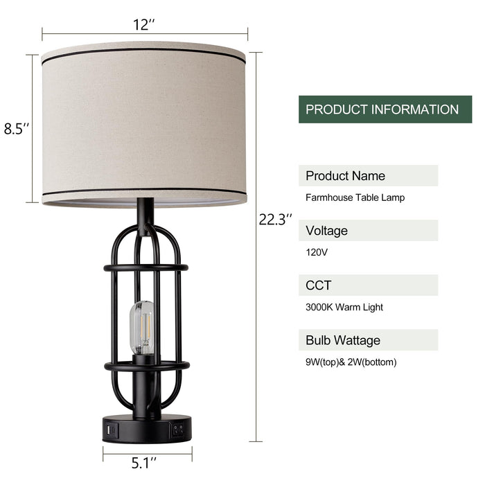 Reaketon 22.3” Farmhouse Table Lamps for Living Room Set of 2, Black