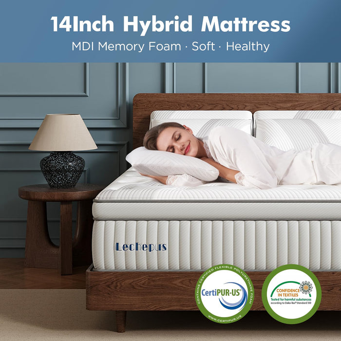 Queen Mattress, Lechepus 14Inch Medium Plush Queen Size Mattress in Box, Hybrid Mattress with Memory Foam & 7-Zone Individual Pocket Spring Mattress, Supportive & Pressure Relief, 60"*80"