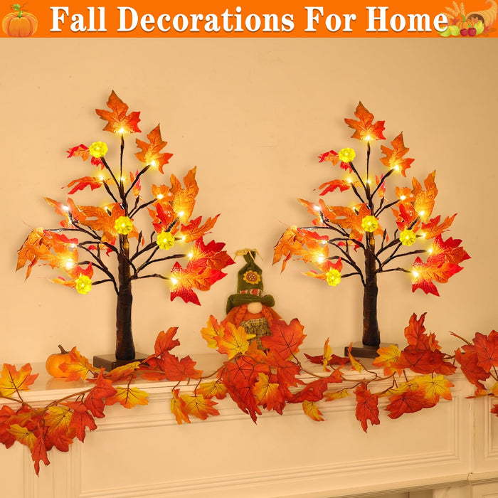 TURNMEON Thanksgiving Decor 2 Pack 18 Inch Prelit Fall Maple Tree 48 LEDs