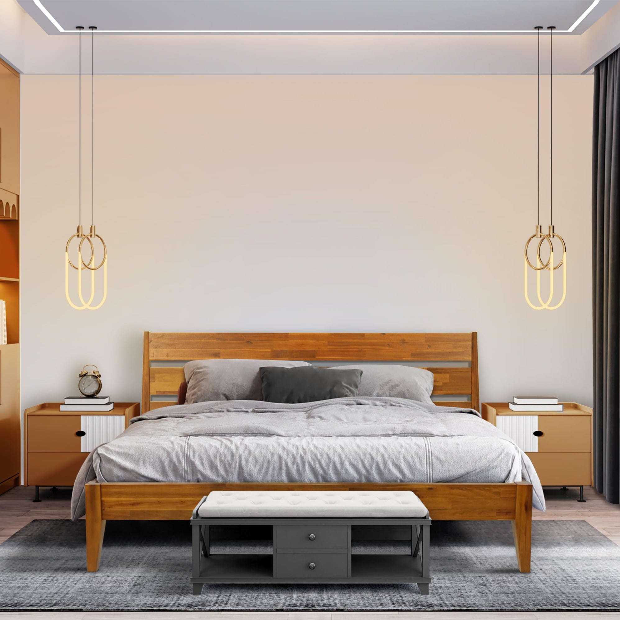 Acacia Emery Bed Frame with Headboard Solid Wood Platform Bed, King Si