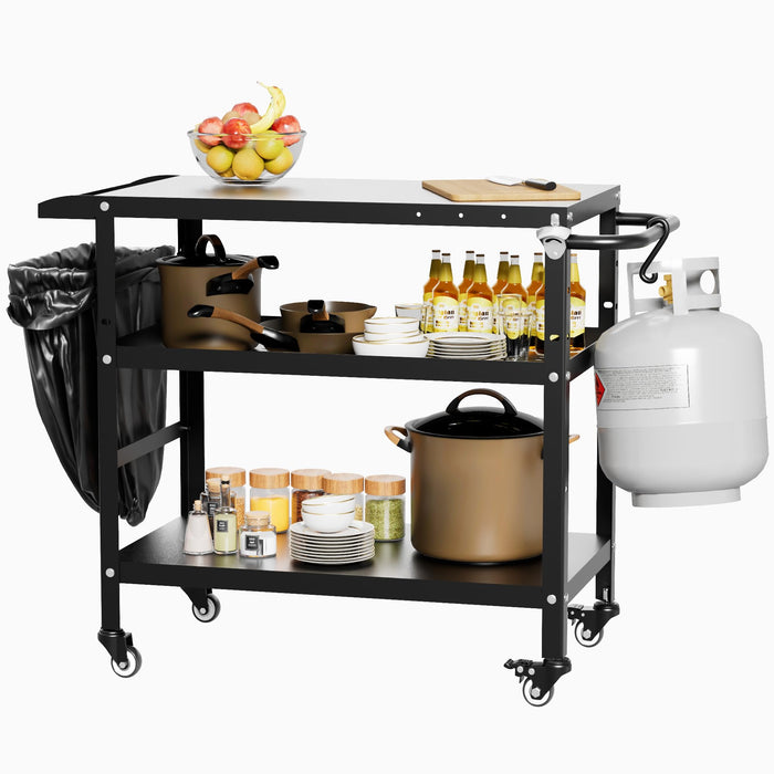 Xilingol Outdoor Grill Cart, Pizza Oven Stand Table with Wheels for Outside Patio, Heavy Duty Movable Outdoor Cooking Prep Table BBQ Cart for Backyard, Camping and Parties