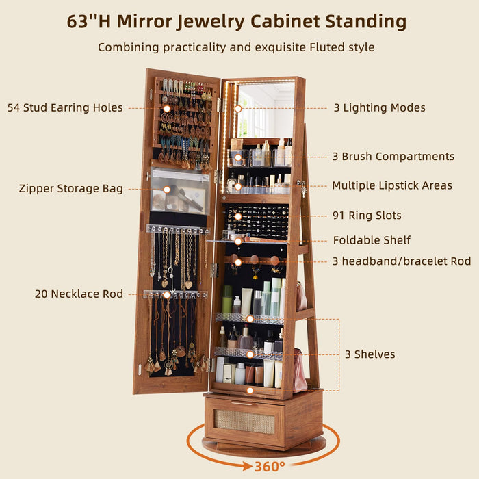 Joaxswe Rattan 360° Swivel Jewelry Armoire Standing with Full Length Mirror