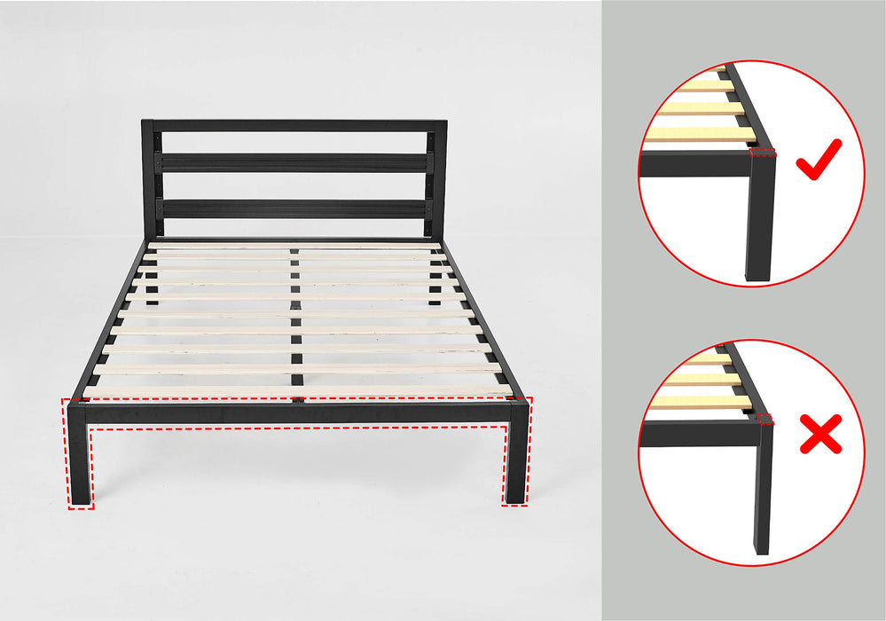 Amazon Basics Industrial Metal Bed Frame with Modern Headboard and Wood Slat Support, 14 Inches High, No Box Spring Needed, Noise-Free, Easy Assembly, Under Bed Storage, Queen Size, Black