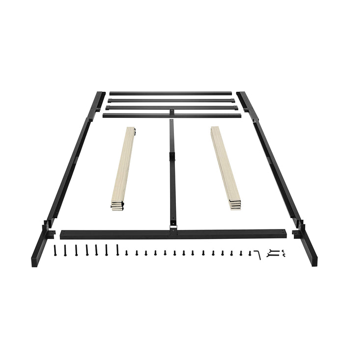 Amazon Basics Industrial Metal Bed Frame with Modern Headboard and Wood Slat Support, 14 Inches High, No Box Spring Needed, Noise-Free, Easy Assembly, Under Bed Storage, Queen Size, Black