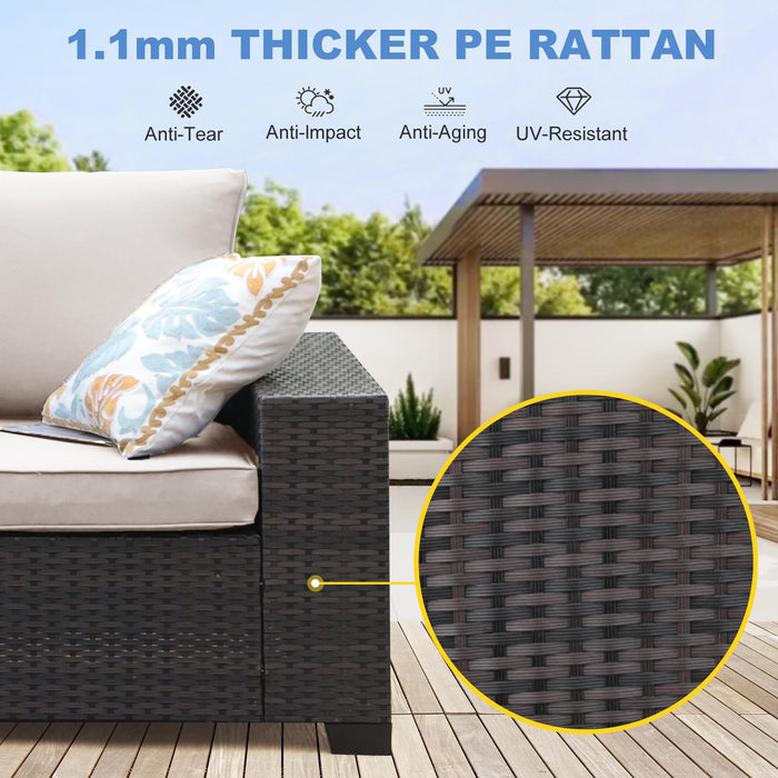 SunloungeCo 5 Pieces Outdoor Patio Furniture Set, Wicker Conversation Sets with Tea Table, Rattan Patio Sofa with Thick Cushions for Garden, Backyard, Poolside, Party, Beige