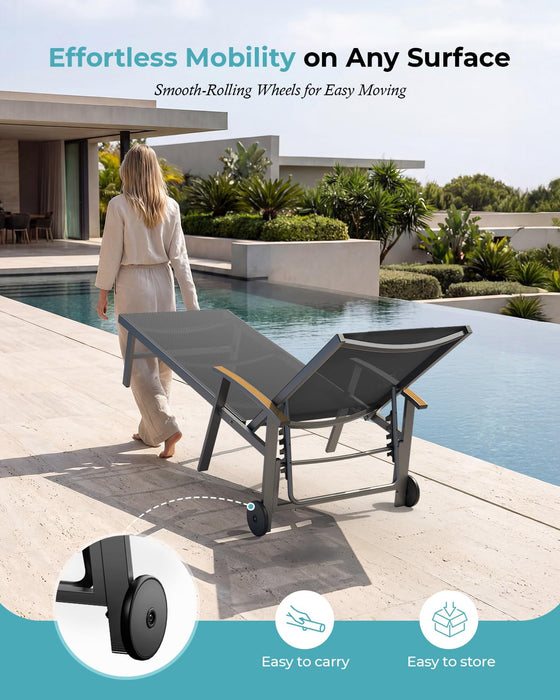 Ciokea Outdoor Lounge Chair with Pillow, 5-Position Aluminum Chaise Lounge with Wheels & Armrests, 400 lbs Heavy Duty Patio Pool Chair for Deck, Backyard, Beach & Poolside, Grey