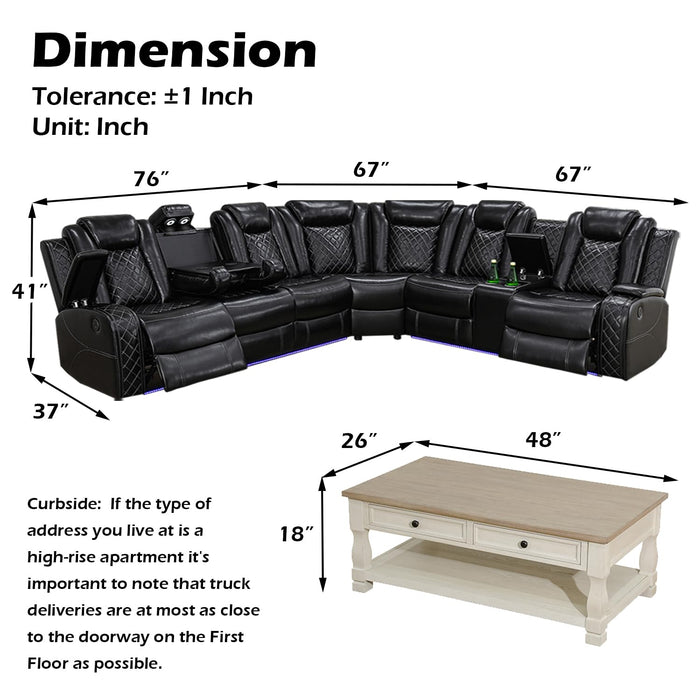 SIENWIEY Power Recliner Sectional Sofa Set with Coffee Table, Leather Reclining Sectional Couch with LED Lights,48" Mid Century Modern Coffee Table, Recliner Sofa Set for Living Room Furniture Sets