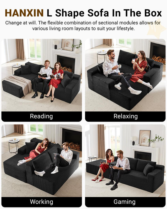 105 Inch Cloud Sectional Couch,Modern Modular Sectional Sofa with Deep Seat,Corduroy Boneless Couches with L-Shape Chaise for Living Room Bedroom,No Assembly Required (Black, Left Facing Chaise)