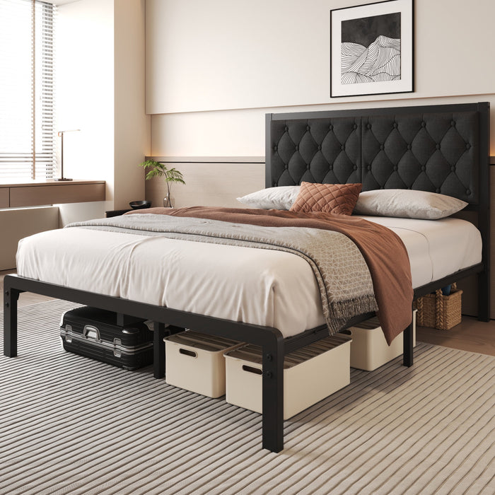 Lifezone Bed Frame with Linen Upholstered Headboard, Queen, Metal Supp