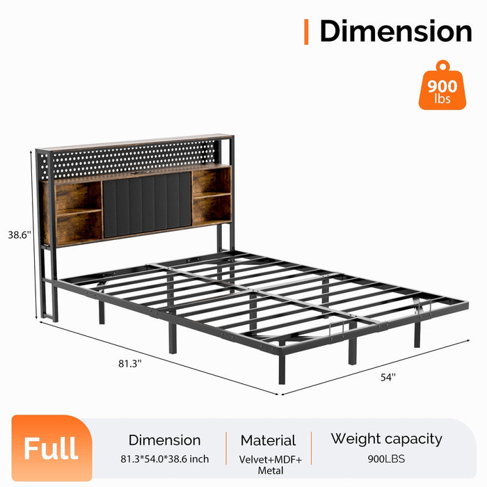 UBesGoo Full Floating Platform Bed, Burnt Wood Storage Headboard Full