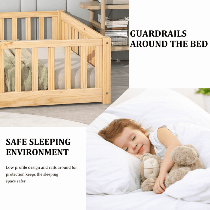 Twin Size Floor Bed with Door and Fence, UHOMEPRO Montessori Floor Bed