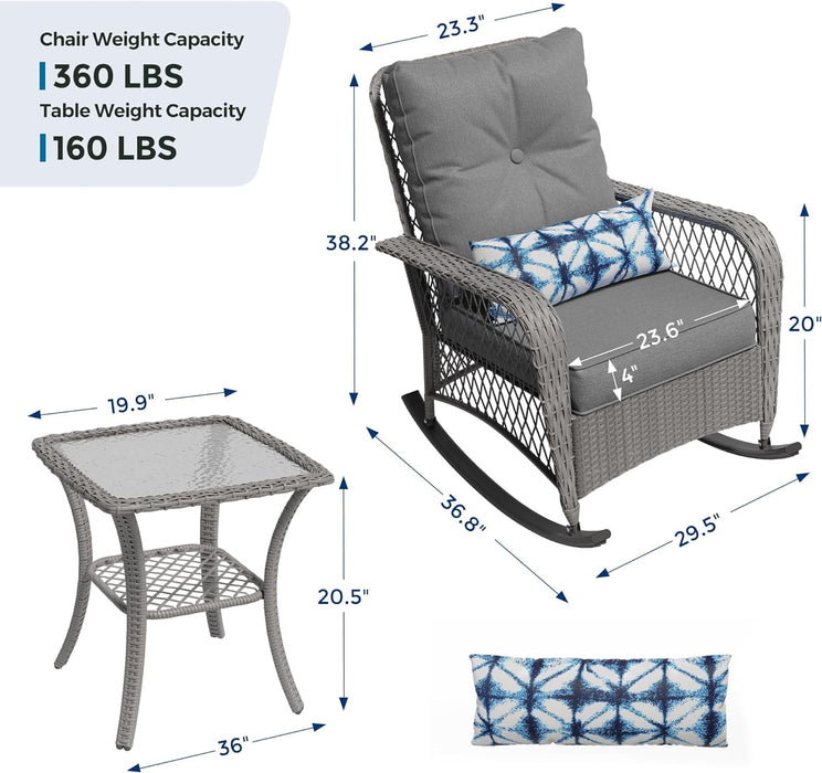MRUAKA Outdoor Rocking Chairs Set of 3, Wicker Patio Furniture with Th