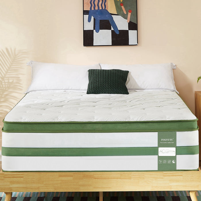 FOLVUTY Queen Mattress 14 inch Gel Memory Foam Hybrid Mattress and Poc