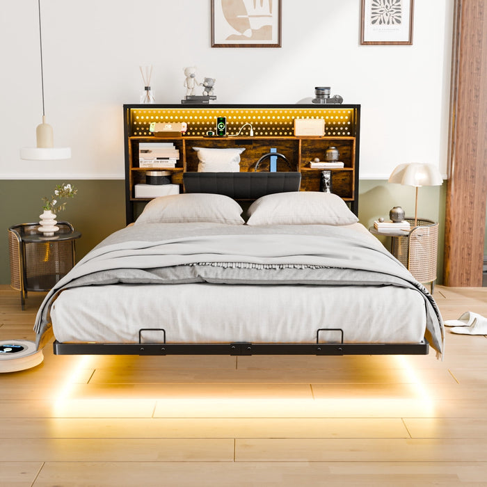 UBesGoo Full Floating Platform Bed, Burnt Wood Storage Headboard Full