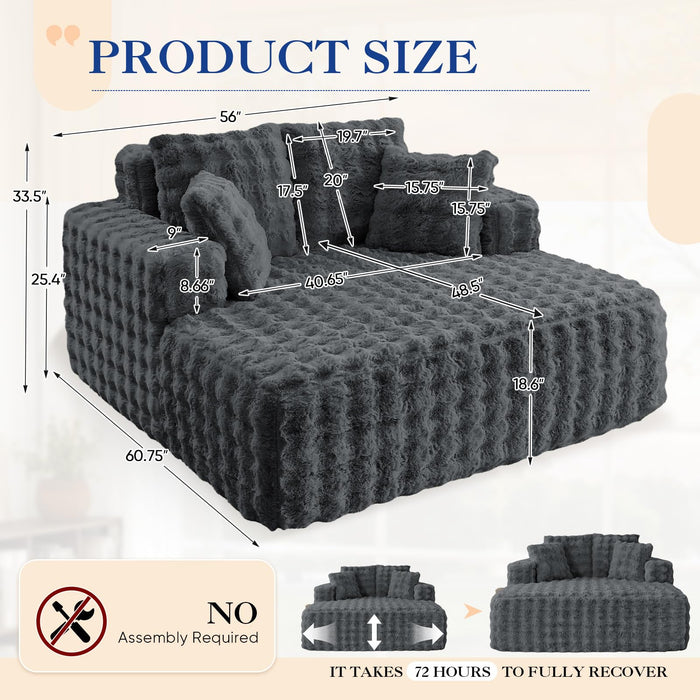 Antetek Oversized Chaise Lounge Indoor, Modern Comfy Bubble Faux Fur Fabric Deep Seat Boneless Sleeper Chaise Lounge Sofa Chair with Pillows for Living Room Bedroom Studio, No Assembly Couch, Grey