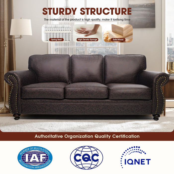 Couchus Mid-Century Vintage Sofa Couches with Rivet Design,loveseat Sofa,Removable Sofa Cover Upholstered Cushions and Solid Wood Frame (Brown, 3-Seater)