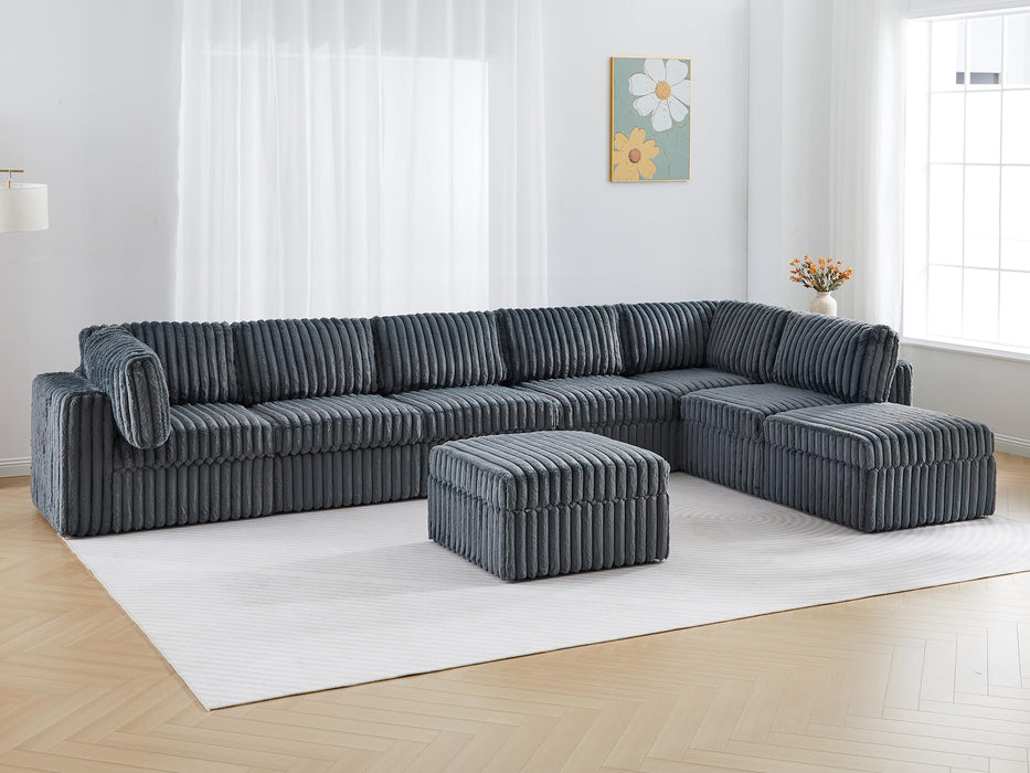 Oversized Modular Sectional Sofa Set, Plush Faux Rabbit Fur Convertible U Shaped Couch with Storage, 8 Seater Corduroy Sofa with Ottomans and Reversible Chaise for Living Room, Office (Blue Grey)