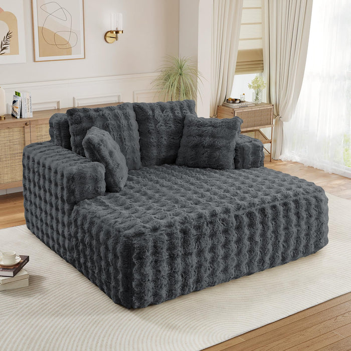 Antetek Oversized Chaise Lounge Indoor, Modern Comfy Bubble Faux Fur Fabric Deep Seat Boneless Sleeper Chaise Lounge Sofa Chair with Pillows for Living Room Bedroom Studio, No Assembly Couch, Grey