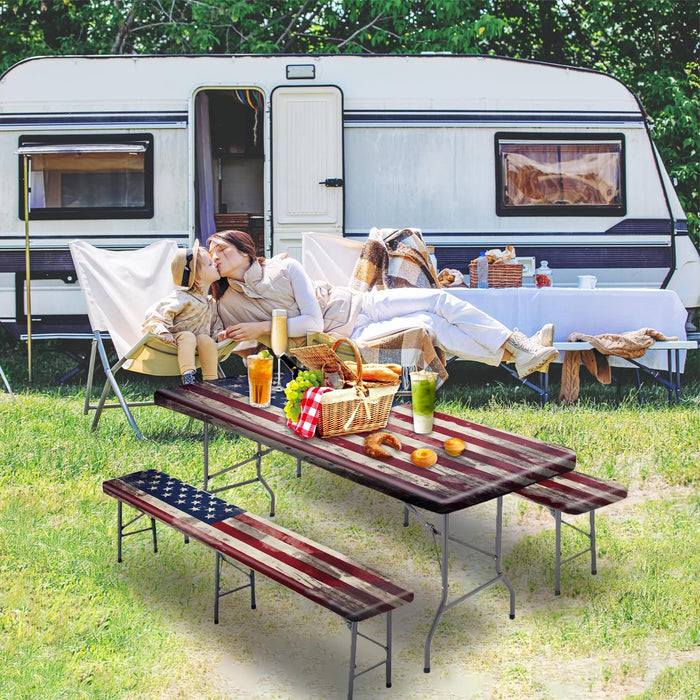 YEYE JUICE Picnic Table Cover with Bench Covers 6FT 3PCS, Camping Essentials, Fitted Camping Tablecloth Waterproof and oilproof with elastic Edge for Indoor Outdoor Patio, Retro American Flag (72inch)