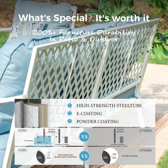 MIXPATIO 6 Piece Patio Furniture Set, 2 x Fixed Chair, 2 x Swivel Chair, 1 x 3-Seat Sofa with Marbling Coffee Table, All Cushioned 7 Seats Outdoor Conversation Set for Lawn Garden Backyard, Blue