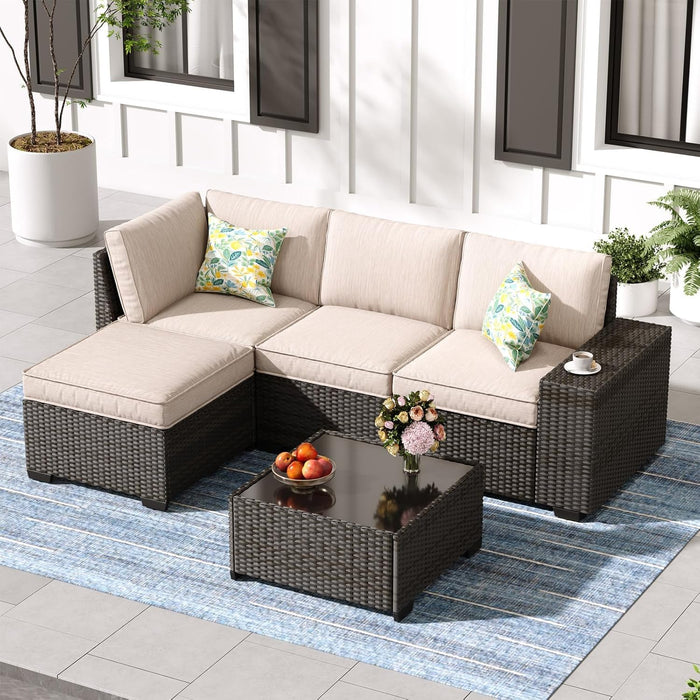 SunloungeCo 5 Pieces Outdoor Patio Furniture Set, Wicker Conversation Sets with Tea Table, Rattan Patio Sofa with Thick Cushions for Garden, Backyard, Poolside, Party, Beige
