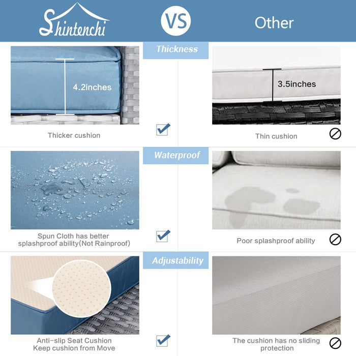 Shintenchi 7 Pieces Outdoor Patio Sectional Sofa Couch, Silver Gray PE Wicker Furniture Conversation Sets with Washable Cushions & Glass Coffee Table for Garden, Poolside, Backyard (Aegean Blue)