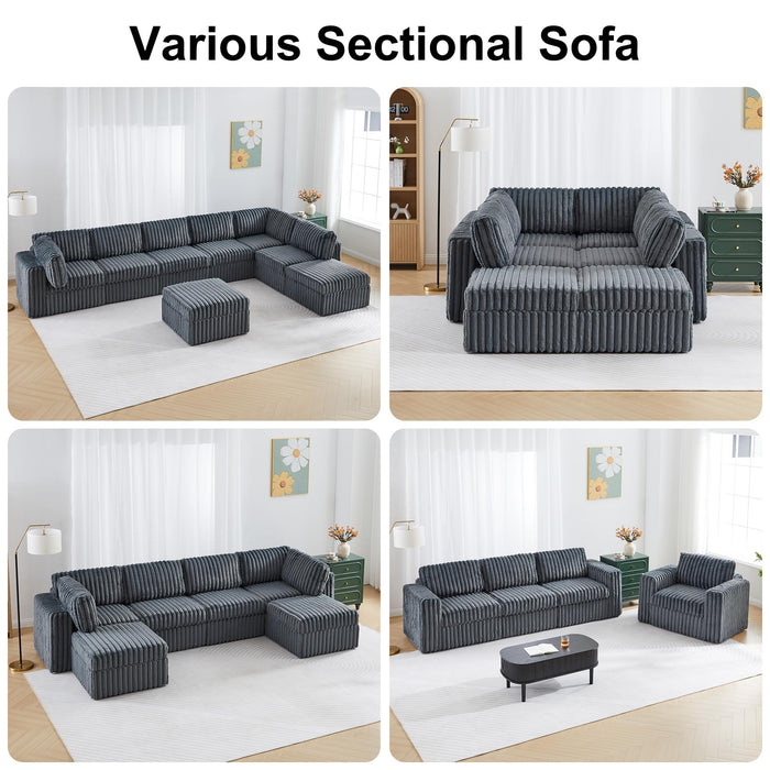 Oversized Modular Sectional Sofa Set, Plush Faux Rabbit Fur Convertible U Shaped Couch with Storage, 8 Seater Corduroy Sofa with Ottomans and Reversible Chaise for Living Room, Office (Blue Grey)
