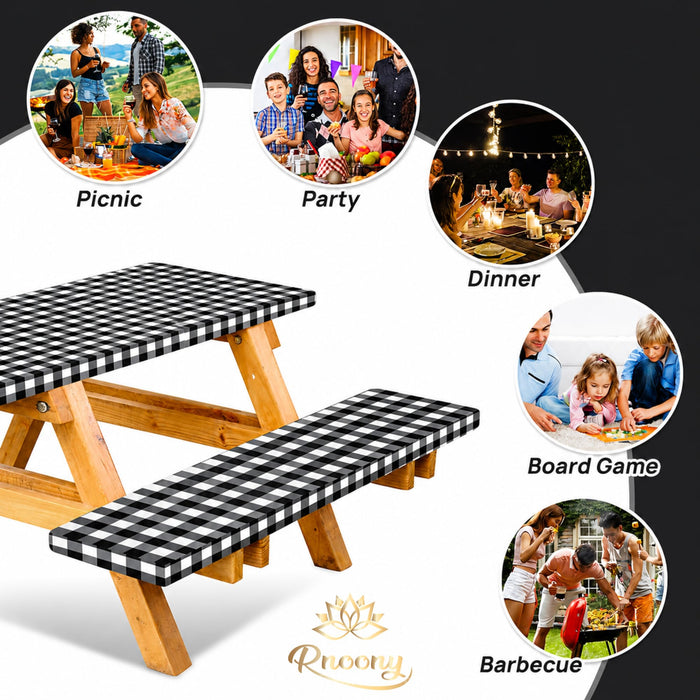 RNOONY Vinyl Fitted Picnic Table Cover with Bench Covers and Bag, 6ft Outdoor Waterproof Windproof Tablecloth with Elastic Edges. Camping RV Gear Campers Must Have 72x30 Inches 4 Pcs Set (Black)