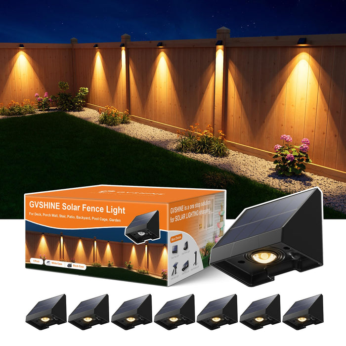8 Pack Decorative Solar Powered Fence Lights Outdoor Waterproof with Warm White LED Spot Lens, for Outside Wall, Deck, Patio, Yard, Rail, Garage, Pool, Designed for Enhanced Security, Easy Install
