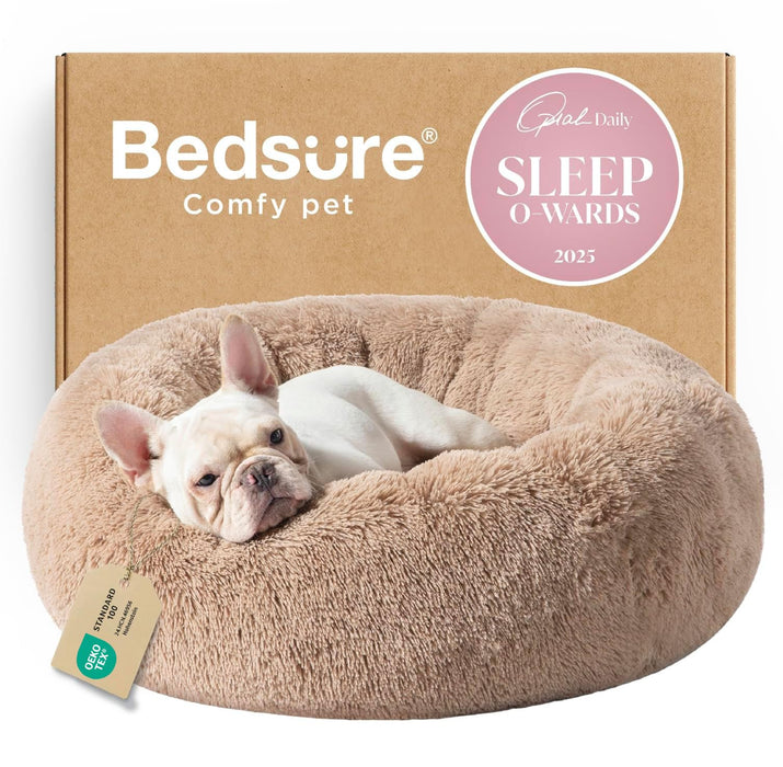 Bedsure Calming Dog Bed Medium Size Dog - Donut Washable Medium Pet Bed, 30 inches Anti-Slip Round Fluffy Plush Faux Fur Cat Bed, Fits up to 45 lbs Pets, Camel