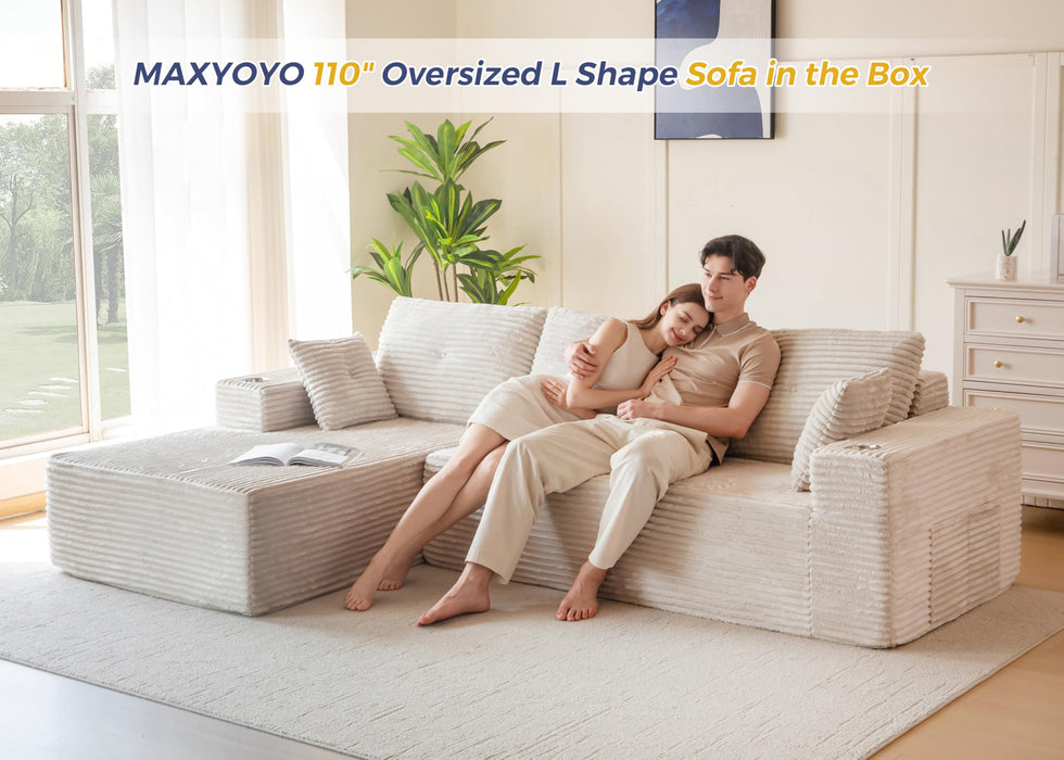 MAXYOYO 104" Modular Sectional Couch with L-Shape Chaise, Modern Boneless Couch for Living Room, Sofa in A Box, Oversized Sofa Sleeper with Deep Seat, No Assembly Required, Grayish Beige