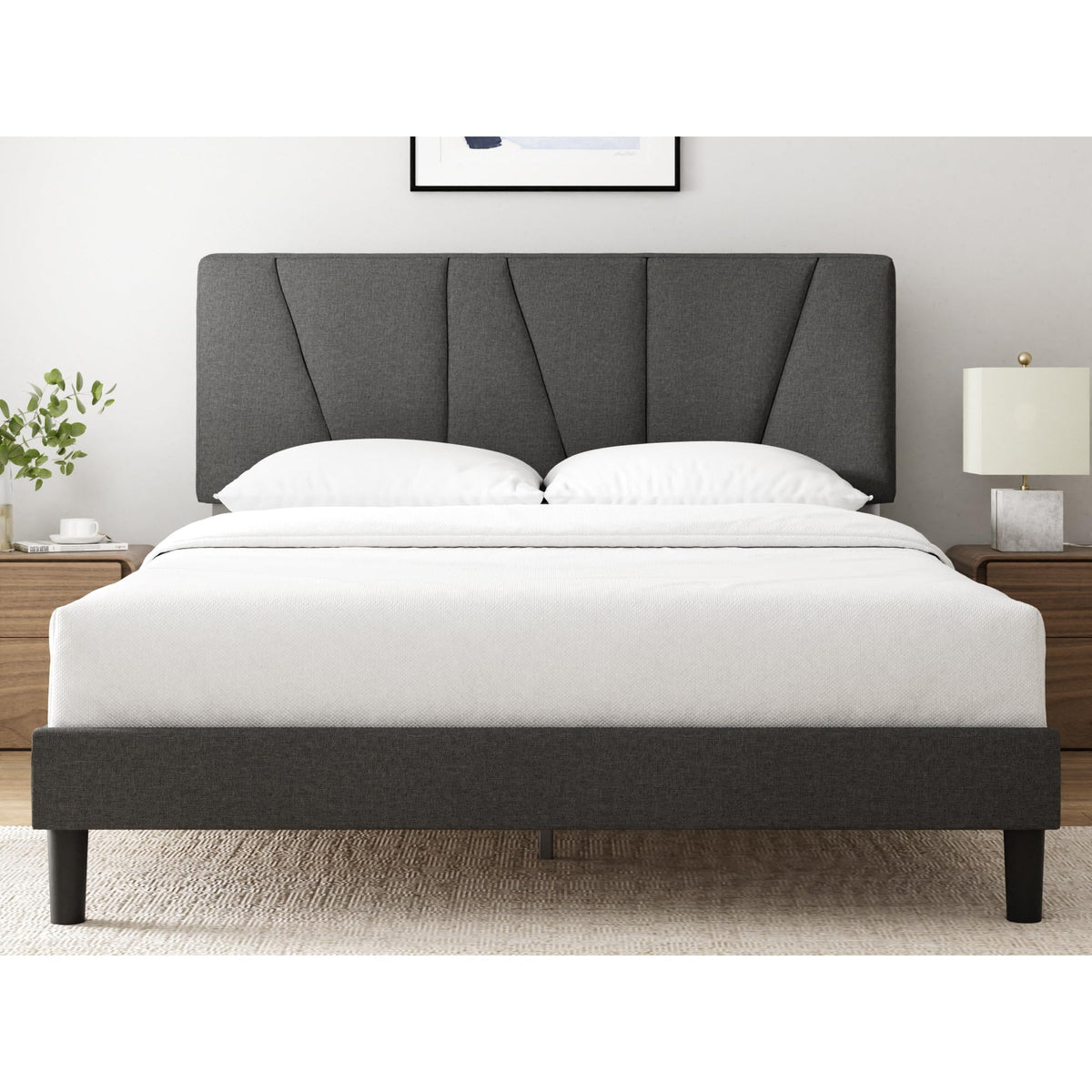 nnus1.*೨⋆*✩ ZINUS Queen Maya Upholstered Bed Frame with Asymmetric Headboard, Dura
