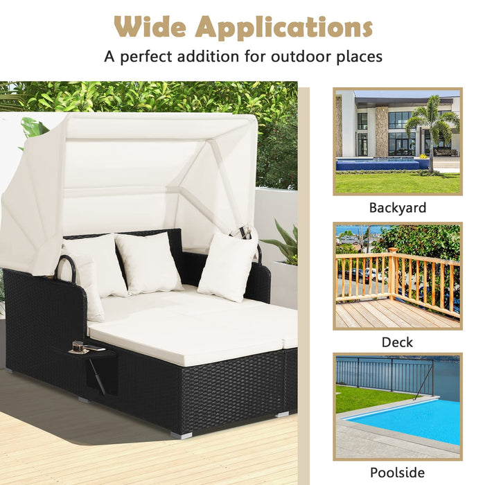 Tangkula Patio Rattan Daybed with Retractable Canopy, Outdoor Wicker Sunbed Lounger with 2 Foldable Side Tables, Thick Seat & Back Cushions, Double Daybed for Garden, Backyard, Porch (Off White)