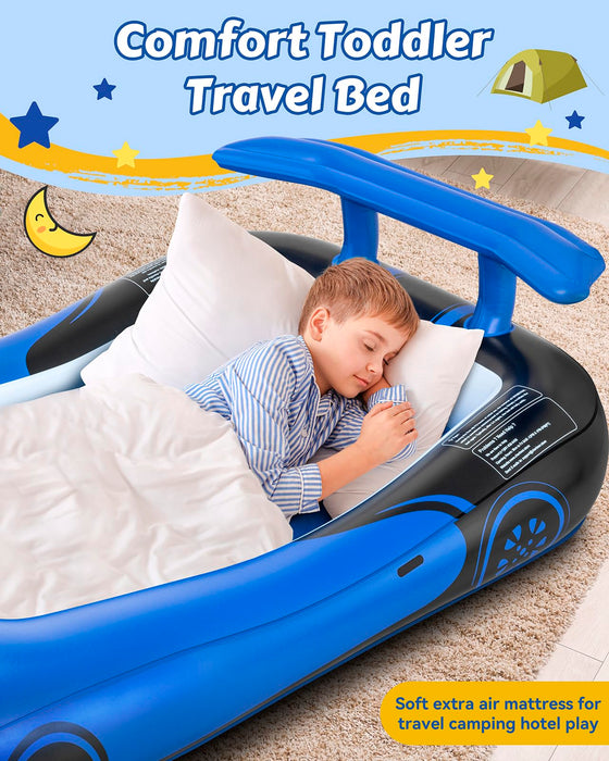 CHERIMOR Inflatable Toddler Travel Bed with Safety Bumpers, Portable Racecar Toddler Air Mattress with Electric Pump, Toddler Blow Up Mattress for Travel,Camping, Sleepovers&Vacation, Gift for Kids