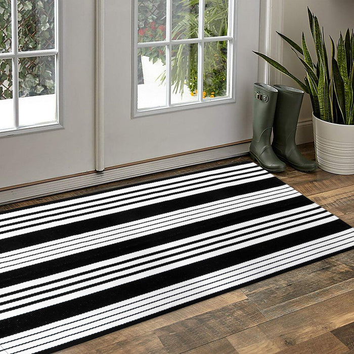 OJIA Cotton Black and White Striped Rug 2x4 Hand-Woven Indoor/Outdoor Area Rug Layered Door Mats for Front Porch/Entryway/Laundry Room/Bedroom/Outdoor
