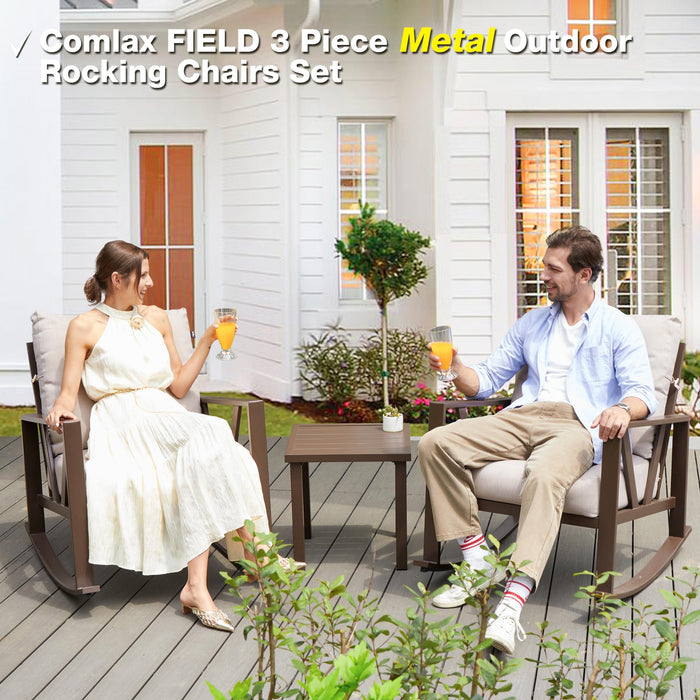COMLAX FIELD Patio Porch Furniture Set, Outdoor Rocking Chairs Set of 2 with Coffee Table, 3 Piece Metal Outdoor Patio Bistro Conversation Set, Beige