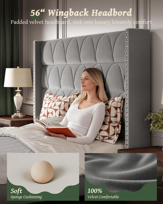 OHOHOLIVE King Size Bed Frame with 56" Headboard - Velvet Upholstered Wingback Platform Bed Frame, Noise Free, Sturdy Wooden Slat Support (Deep Gray, King)