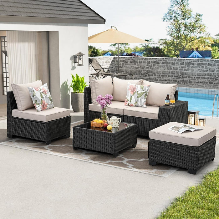 SunloungeCo 5 Pieces Outdoor Patio Furniture Set, Wicker Conversation Sets with Tea Table, Rattan Patio Sofa with Thick Cushions for Garden, Backyard, Poolside, Party, Beige