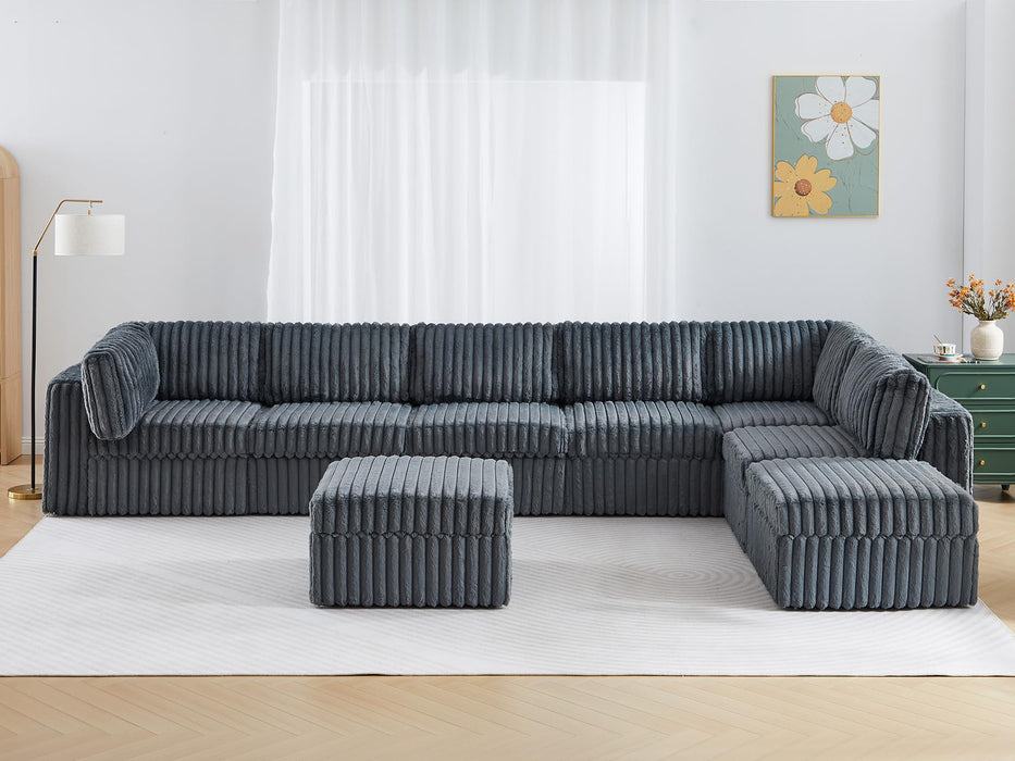 Oversized Modular Sectional Sofa Set, Plush Faux Rabbit Fur Convertible U Shaped Couch with Storage, 8 Seater Corduroy Sofa with Ottomans and Reversible Chaise for Living Room, Office (Blue Grey)
