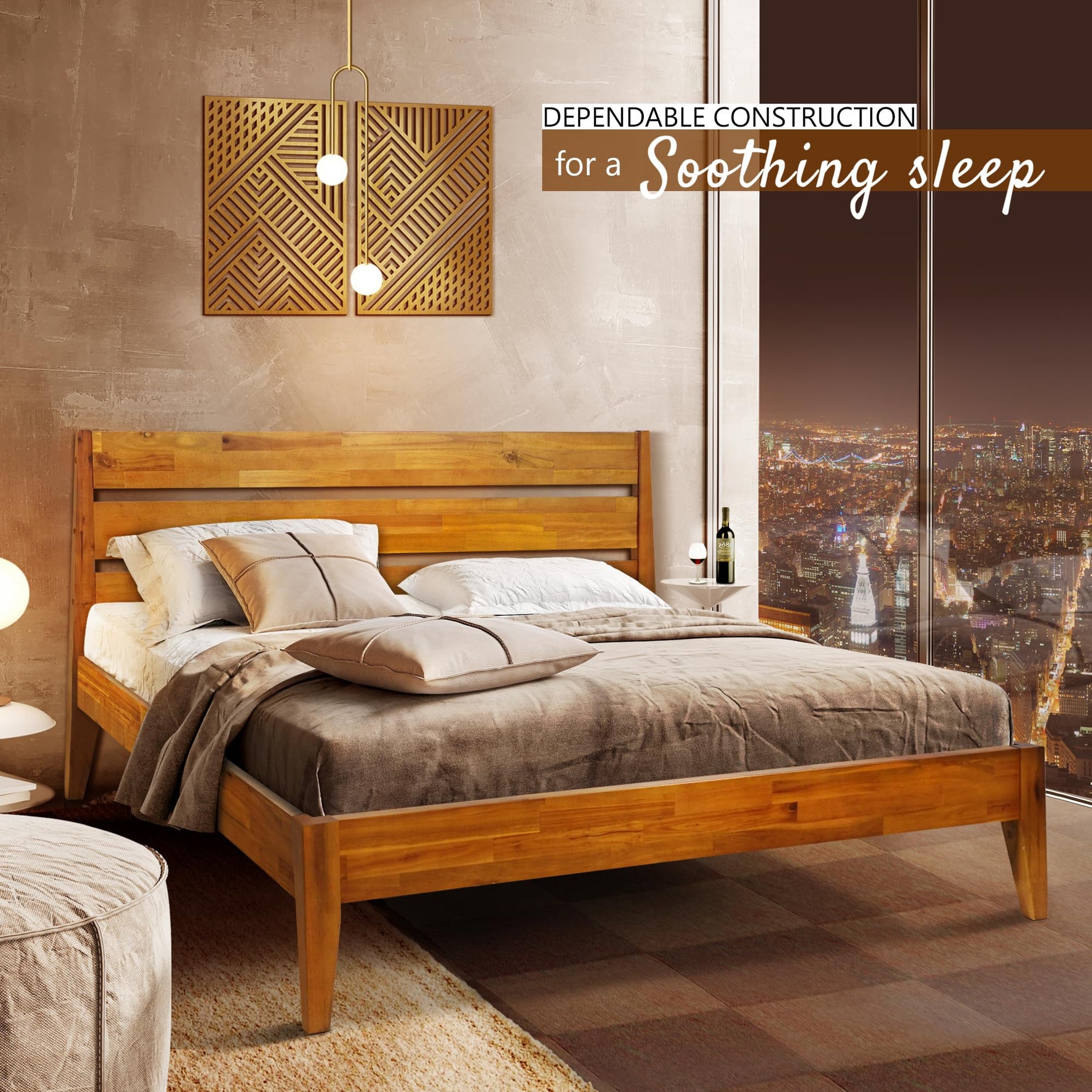 Acacia Emery Bed Frame with Headboard Solid Wood Platform Bed, King Si