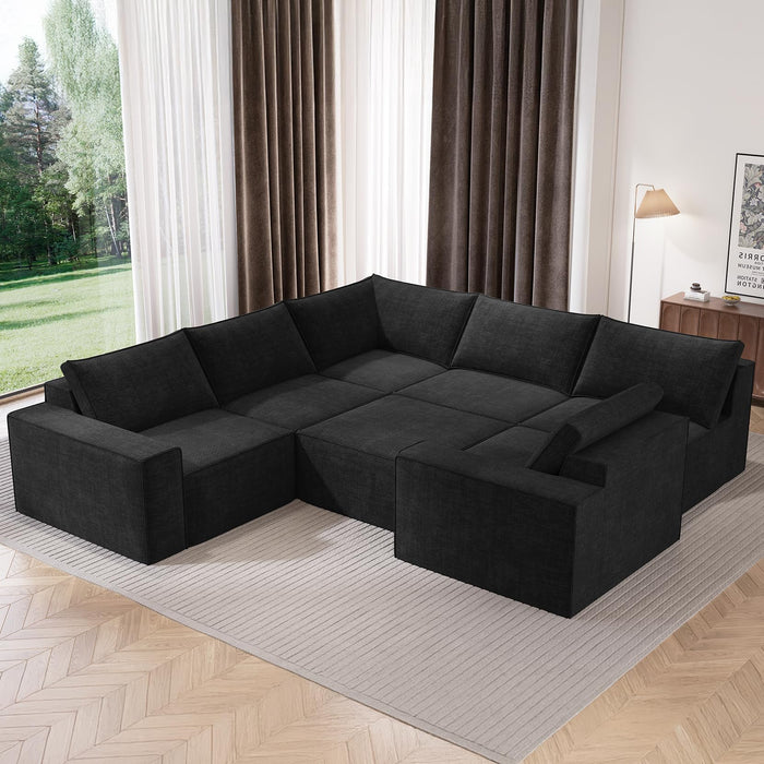 Vesgantti 143.7" Oversized Boneless Sectional Couch, Modern 6 Seater Modular Sofa with Ottoman & Deep Seat, Convertible Chenille Cloud Couches for Living Room, No Assembly Required, Black