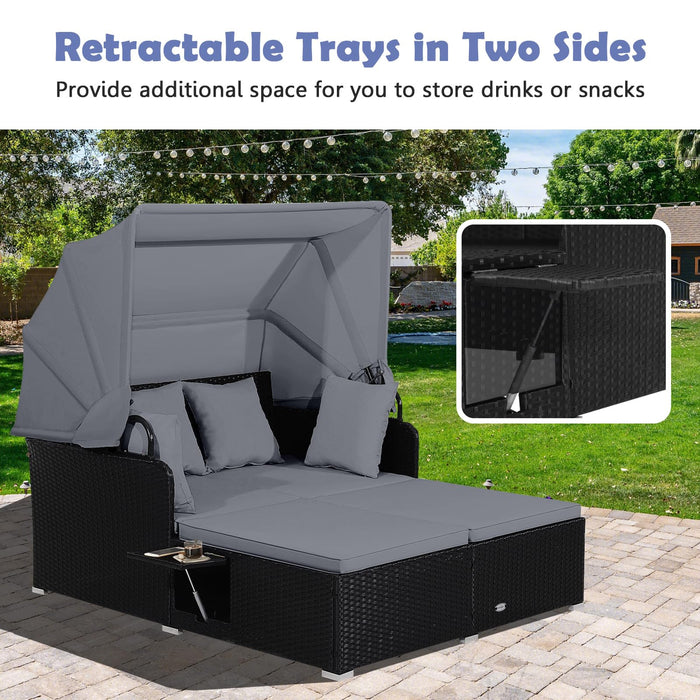 Tangkula Patio Rattan Daybed with Retractable Canopy, Outdoor Wicker Sunbed Lounger with 2 Foldable Side Tables, Thick Seat & Back Cushions, Outside Double Daybed for Garden, Backyard, Porch (Grey)