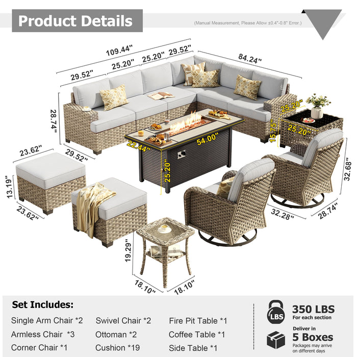 HOOOWOOO Outdoor Sectional Patio Furniture Set with Fire Pit Table,13 Pieces Wicker Conversation Sets L Shaped Couch,Extra Deep Out Door Sofa Outside Furniture with Swivel Chairs Ottomans,Light Gray