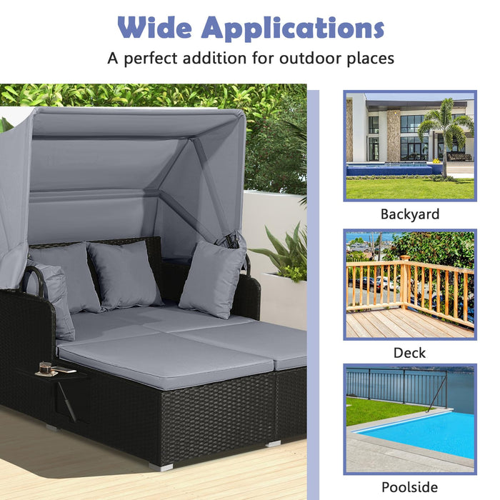 Tangkula Patio Rattan Daybed with Retractable Canopy, Outdoor Wicker Sunbed Lounger with 2 Foldable Side Tables, Thick Seat & Back Cushions, Outside Double Daybed for Garden, Backyard, Porch (Grey)