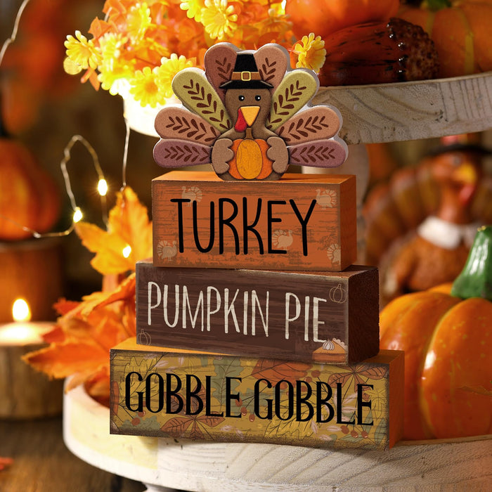Lineshading 4 Pcs Thanksgiving Table Decoration, Turkey Wooden Block Signs