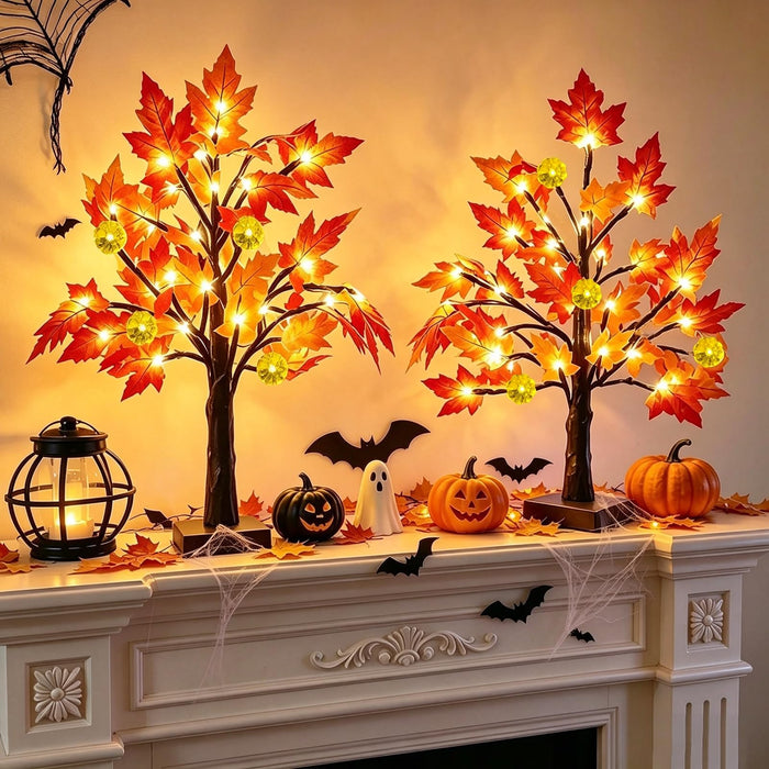 TURNMEON Thanksgiving Decor 2 Pack 18 Inch Prelit Fall Maple Tree 48 LEDs