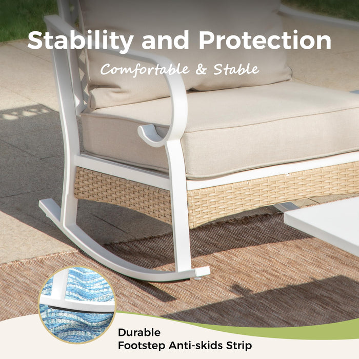 MIXPATIO 4 Piece Patio Furniture Set, 2 x Rocking Chair, 1 x 2-Seat Sofa with Marbling Coffee Table, All Cushioned 4 Seats Outdoor Conversation Set for Lawn Garden Backyard, Beige