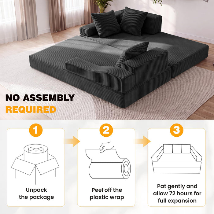 Fiona's magic 78.7" Convertible Futon Sofa Bed, Boneless Couch for Living Room 4-in-1 Corduroy Boneless Sleeper Sofa, Modular Sleeper Couch in a Box, Pull Out Couch No Assembly | Dark Gray