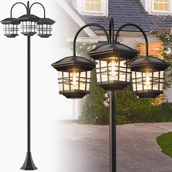 76" Classic Black Solar Lamp Post Lights - 3-Head Waterproof Outdoor Street Lights, Pole Light Decorative Lamp for Backyard, Garden, Driveway, Lawn (LED Bulbs Included)
