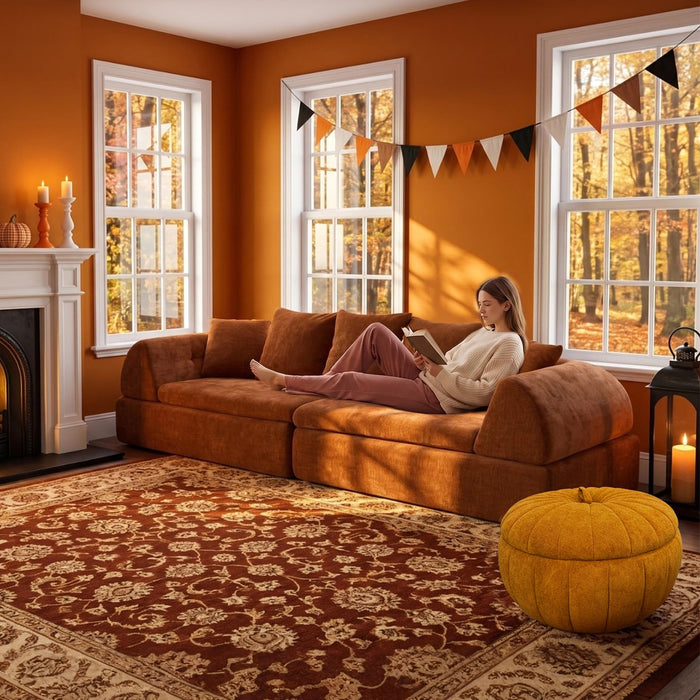 HUIVOME 104" Curved Boneless Couch, 5 Pillows, No Assembly Required, Orange
